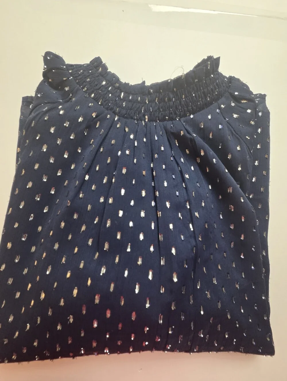 LOFT Navy Smocked-Neck Dot Top